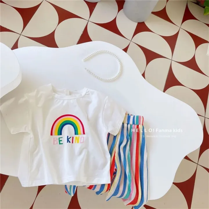 Kids%20Girls%20Sets%20Baby%20Summer%20Suit%20Children's%20Tops%20Bottoms%20Suit%20New%20Cute%20Short-Sleeved%20T-Shirt%20Rainbow%20Pleated%20Pants%20Two-Piece%20-%20Image%205