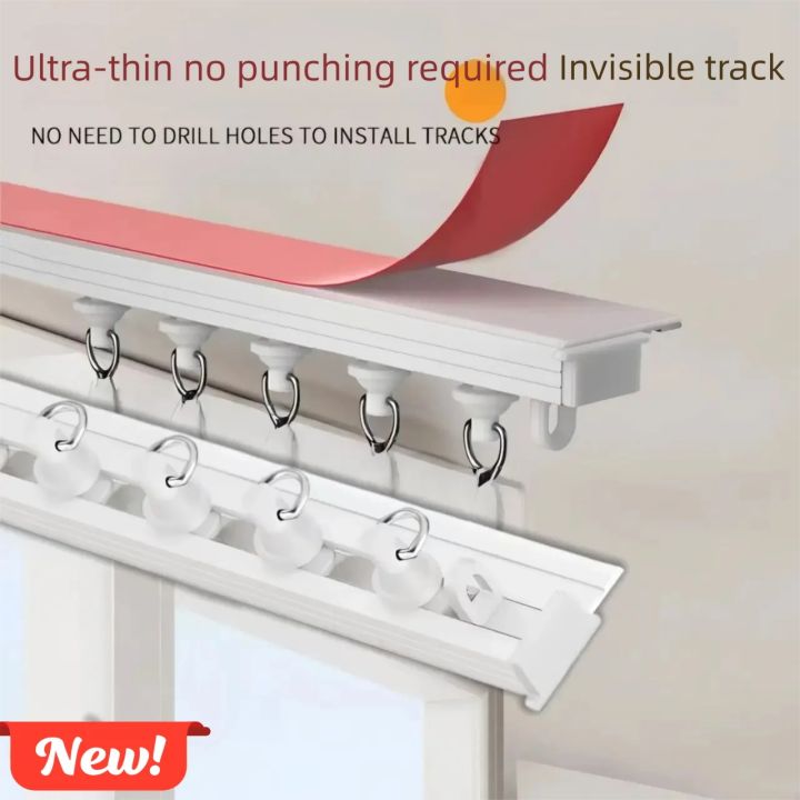 Ultra Thin Self-adhesive Curtain Track Set No Drilling Silent Sliding Rail Ceiling Or Wall Installation For Bathroom Cabinets Ro