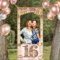 Sweet 16th Happy Birthday Photo Frame Backdrops Rose Gold 16 Birthday Party Photo Booth Props. 