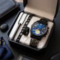 Black Casual Watches + Bracelet + Cuban Chain Bracelet +3D Bar Locket With Chain+Ring -High Quality In Random Dial Design With Stainless Steel Strap + Bracelet Chain + Necklace + Ring. 