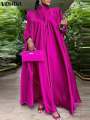 Plus Size 5XL VONDA Women Stand Collar Elegant Satin Dress Long Bat Sleeve Evening Pleated Maxi Sundress Casual Solid Party Robe. 