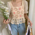 Granny Square Top Crochet Knit Hollow Out Embroidery Lace Square Neck Blouse Summer Women Teengirl Fairycore Outfit. 
