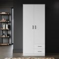 Modern Bedroom Closet Cabinet with Clothes rod And Storage space, Hitow 2 Doors Wardrobe Armorie,  Storage Space Organizer, White. 