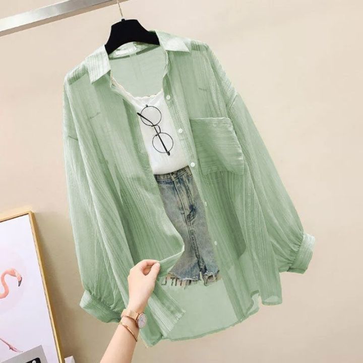 Summer%20Sunscreen%20Shirt%20Elegant%20Perspective%20Thin%20Chiffon%20Blouse%20Korean%20Harajuku%20See%20Through%20Loose%20Top%20Casual%20Women's%20Cardigan%20-%20Image%203