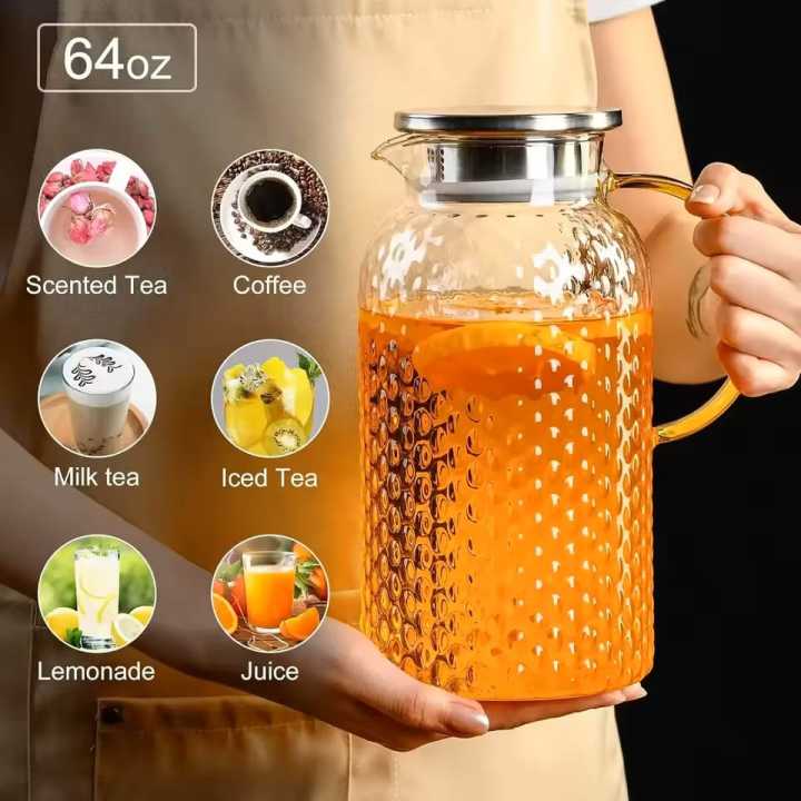 67 Oz Glass Pitcher, Water Pitcher with Stainless Steel Lid, Heat Resistant Borosilicate Carafe, Ice Tea Pitcher for Homemade Beverage, Milk, Coffee, Serving Wine, Hot/Cold Water