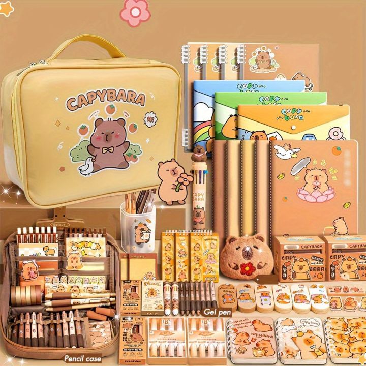 Cute Capybara Stationery  Set for Students, Featuring Soft Grip Pens, Notebook, Pencil Case, and Study Essentials Pack