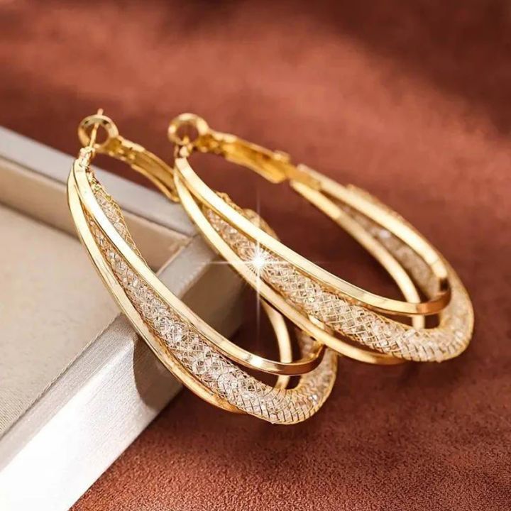 Gold Color Crystal Stone Hoop Earrings Twisted Metal Shape Silver Plating New Fashion Women Earrings Party Jewelry Birthday 