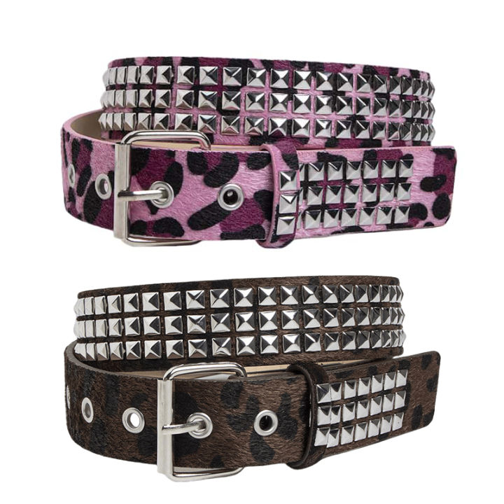 Punk Pink Fur Rivets For Women's Belt Hip Hop Y2k Girls Jeans Accessories Girdle Goth Retro Brown Pin Buckle Pu Waistband