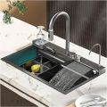 (Alkhaleej) Kitchen Sink, 304 Stainless Steel Nano Waterfall Sink, Home Sink Vegetable Basin Single Sink, with Pull-Out Faucet, Cup Washer. 