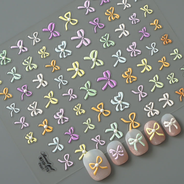 Japanese Kawaii Colorful White Line Bowknot 5D Self Adhesive Nail Art Decorations Stickers Ribbon Cute Decals Nail Stickers