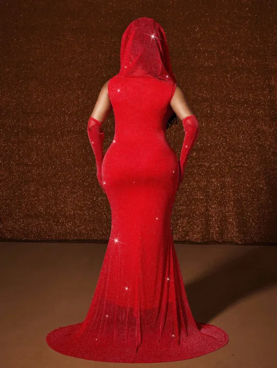 Plus%20Size%20Hat%20%20Waistband%20Hot%20Gold%20Fish%20Tail%20Swing%20Long%20Solid%20Colour%20Fishtail%20Slim%20Package%20Hip%20Dress%20Hooded%20-%20Image%203