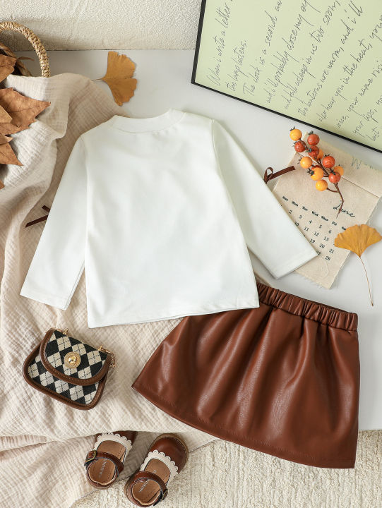 Baby%20Girls%20Clothing%20Set%20Spring%20Autumn%20Short%20Style%20Bow%20Long%20Sleeve%20Top+Leather%20Short%20Skirt%202Pcs%20For%203-24M%20Girls%20Stylish%20Outfit%20-%20Image%202
