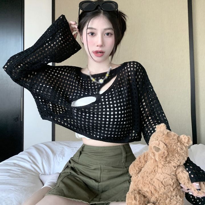 Mesh Loose See-through  Tops Knitted round Neck Women's Blouses