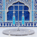 Blue Opal Dangle Earrings for Women,Rectangular Sapphire Blue stone & White K Plated Setting,Hypoallergenic Geometric Minimalist. 