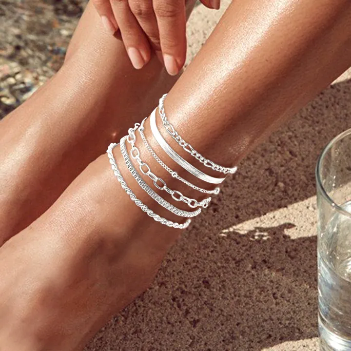 Multi-piece%20Set%20Bohemian%20Vacation%20&%20Simple%20Style%20Stackable%20Vegan%20Chain%20for%20Women%20Summer%20Anklet%20Plated%2018K%20gold%20Silver%20hypoallerg%20-%20Image%202