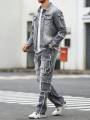 Men's Street Style Casual Distressed Raw-Hem Grey Denim Set, a Minimalist and Fashionable Two-Piece Ensemble.. 