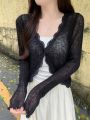Lace Trim One Button Long Sleeve Crop Top Women Short Sleeve Open Front Ribbed Knit Cardigan Sweater Summer Fairycore Outfit. 