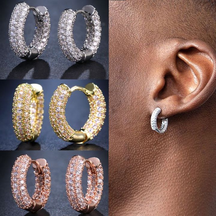 Punk Men Women Circle Hoop Earrings Shiny White Zircon Simple Daily Wear Small Earrings Wedding Party Fashion Jewelry 