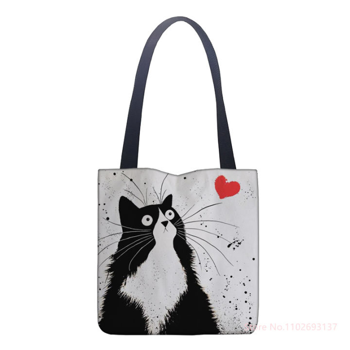 New Lady Tote Bags Black White Cute Cat Printed Fabric Eco Handbag High Capacity Shopping Office Reusable Casual Shoulder Bag