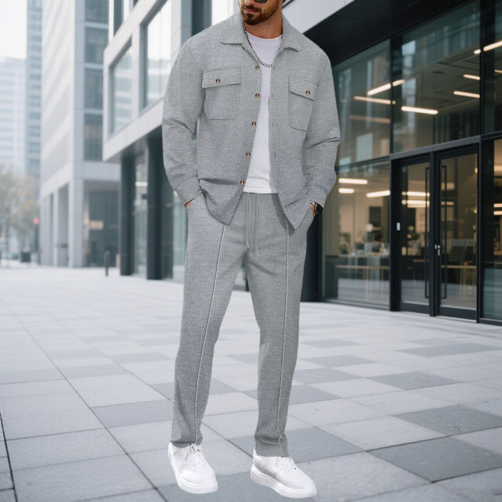 Men's%20Waffle%20Check%20Workwear%20Fashionable%20Lapel%20Button%20Jacket%20And%20Long%20Pants%20Comfortable%20Breathable%20Casual%20Business%20Outfi%201/2piece%20-%20Image%202