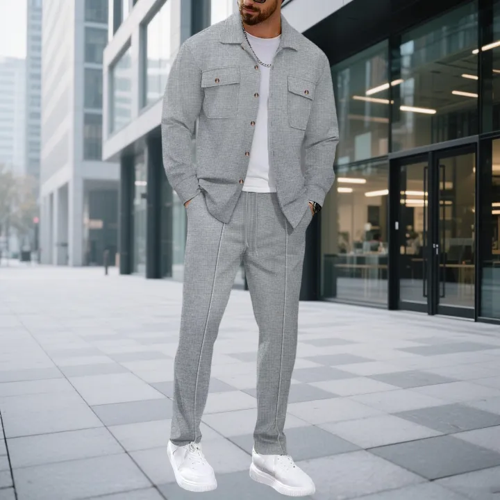 Men's%20Waffle%20Check%20Workwear%20Fashionable%20Lapel%20Button%20Jacket%20And%20Long%20Pants%20Comfortable%20Breathable%20Casual%20Business%20Outfi%201/2piece%20-%20Image%202