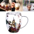 Best Quality Beautiful Double Wall Glass Flowers Particales Drink Mug, Heat Resistant Tea Cups, Coffee Mugs for Beverages Latte Milk, Various Designs sizes. 