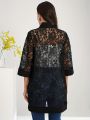 Plus Size Lace Jacket for Women Black Floral Pattern Casual Style Medium Stretch Fabric All Seasons Floral Pattern Cardigan.