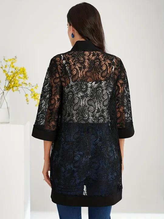 Plus%20Size%20Lace%20Jacket%20for%20Women%20Black%20Floral%20Pattern%20Casual%20Style%20Medium%20Stretch%20Fabric%20All%20Seasons%20Floral%20Pattern%20Cardigan%20-%20Image%204