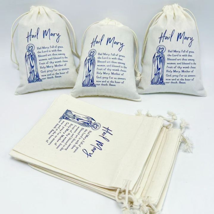 10-Pack Virgin Mary Drawstring Prayer Pouches, Cotton Rosary Bags Religious Keepsake Storage Sacks