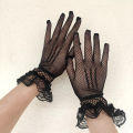 Women Black White Summer Uv-proof Driving Gloves Female Thin Fishnet Mesh Gloves Fashion Ruffle Full Finger Lace Mittens.