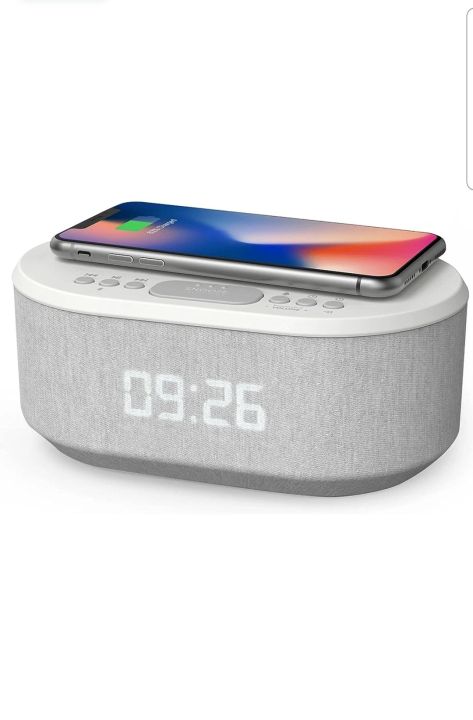 i-box Bedside Radio Alarm Clock with USB Charger, Bluetooth Speaker, QI Wireless Charging, Dual Alarm Dimmable LED Display (White)