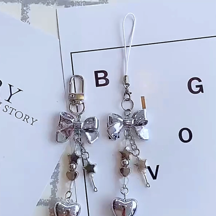Silver Heart Pearl Bow Keychain Y2k Bowknot Keyring Sweet Bag Car Keys Charms Accessories for Women Girls