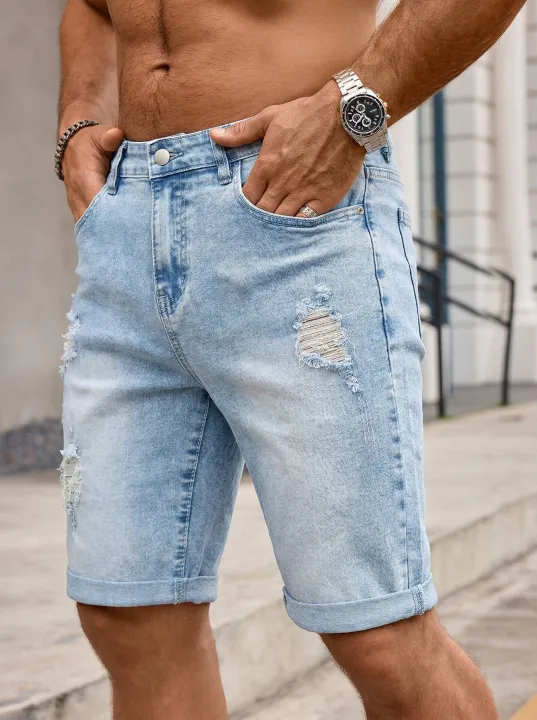 Men%20Denim%20Jeans%20Pants%20Clothing%20Trousers%20Shorts%20Men's%20Light%20Wash%20Ripped%20Rolled%20Cuff%20Denim%20Shorts%20-%20Image%203