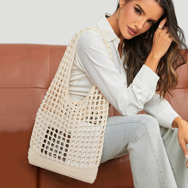 Fashion Crochet Bags For Women Summer Beach Tote Bag Raffia Aesthetic Knitted Handbag Bohemian Hollow Shoulder Bag Shopping Bag