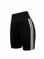 High Stretch Plus Size Athletic Shorts for Women Sporty Knit Mid Thigh Pants with Side Stripes Fashionable and Comfortable Pants.