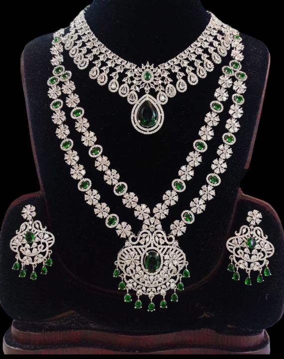New design Bridal combo set diamond cut ad stone green color jewelry set for ladies