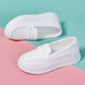 Women White Loafers Shoes | Ladies Slip-On Flat Shoes | Comfortable Casual Walking Shoes | Stylish Thick Sole Footwear. 
