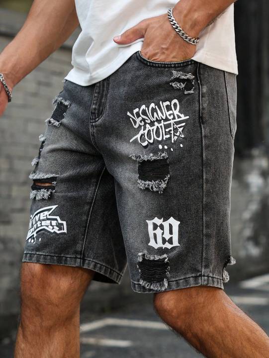 Wholesale men's distressed shorts, fashionable jeans, summer casual style, mid-waist, light color, woven