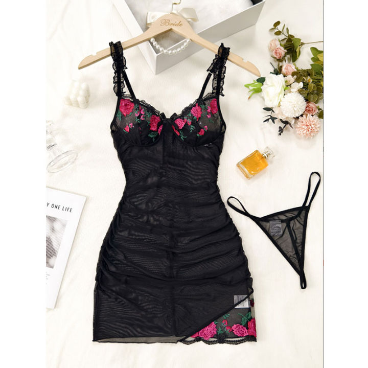 Transparent Lingerie Woman Underwire Bra And Panty Set Embroidery Floral Dress Elegant Nightdress Intimate Nightgown