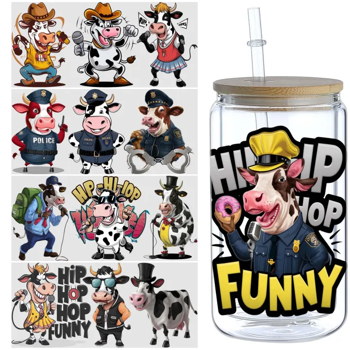 5 Sheets Funny Cow UV DTF Cup Holder 16 oz, DTF Cup Holder Transfer Glass, Waterproof Stickers, Friction Transfer Stickers