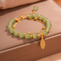 Chinese Style Green Jade Bracelet For Women Exquisite Gold Color Leaves Wrist Strap Bangle Double Chain Bracelet K.