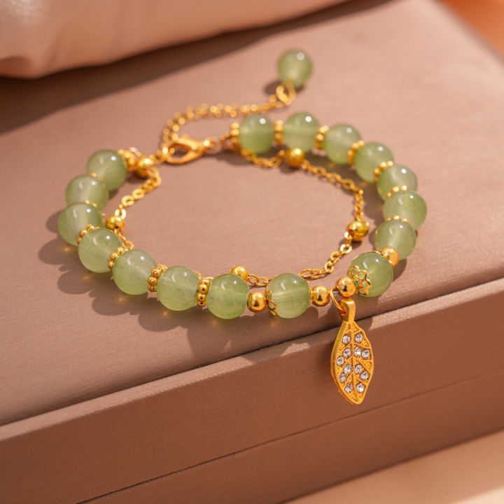Chinese Style Green Jade Bracelet For Women Exquisite Gold Color Leaves Wrist Strap Bangle Double Chain Bracelet K