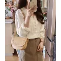 Women's Cotton Long Lantern Sleeve Blouse, White Tops, Office Lady, Elegant, Spring, Summer, V-neck, Fashion 8225. 