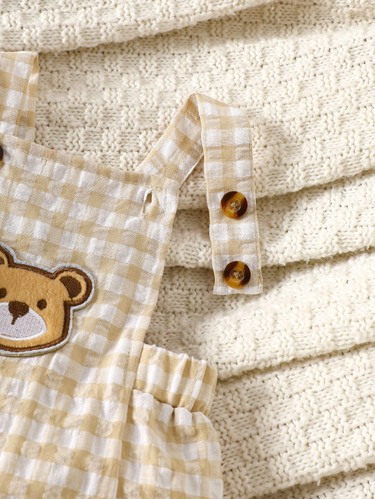 Summer%20newborn%20baby%20boy%20white-collar%20front%20open%20short%20sleeved%20shirt,%20apricot%20checkered%20cartoon%20bear%20embroidery%20pattern%202pieceset%20-%20Image%206