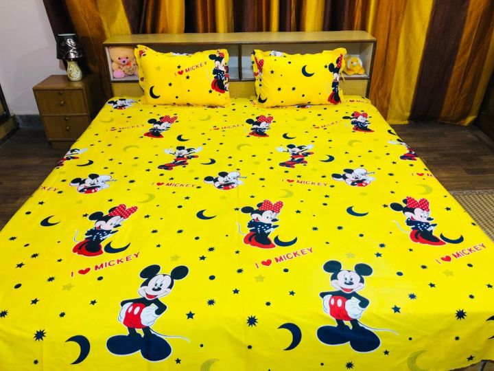 King Size Mickey Mouse Printed Bedsheet With 2 Pillowcover | Super Micro Vella Material Printed Bedsheet With 2 Pillow Cover