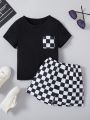 Boys summer casual and comfortable round neck short sleeved T-shirt+checkered shorts sports two-piece set.