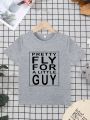 "Pretty Fly For A Little Guy" Letter Print Creative Child T-shirt Casual Lightweight Comfy Short Sleeve Crew Neck Tee Tops Kids.