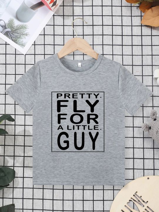 "Pretty%20Fly%20For%20A%20Little%20Guy"%20Letter%20Print%20Creative%20Child%20T-shirt%20Casual%20Lightweight%20Comfy%20Short%20Sleeve%20Crew%20Neck%20Tee%20Tops%20Kids%20-%20Image%207