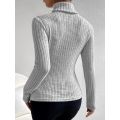 Plus Size 1XL-5XL Women's Slim Fit Ribbed Knit Turtleneck Knitted Sweater Long Sleeve Light Gray Elegant Versatile Pullover Top.