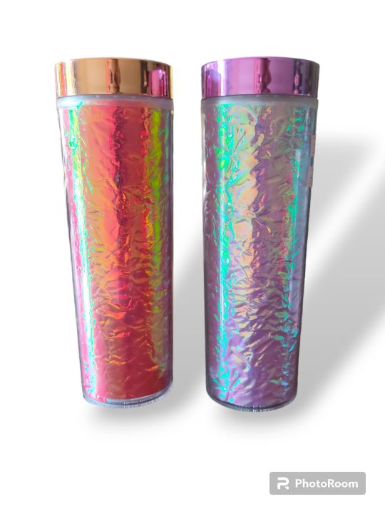 Holographic double layered acrylic water bottle with straw